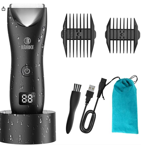 ماكينة حلاقة وتشذيب كهربائية لشعر الجسم والعانة مع شفرة سيراميك آمنة على البشرة مقاومة للماء شاشة LCD وقاعدة شحن للرجال من كويه بلون أسود تشذيب شعر