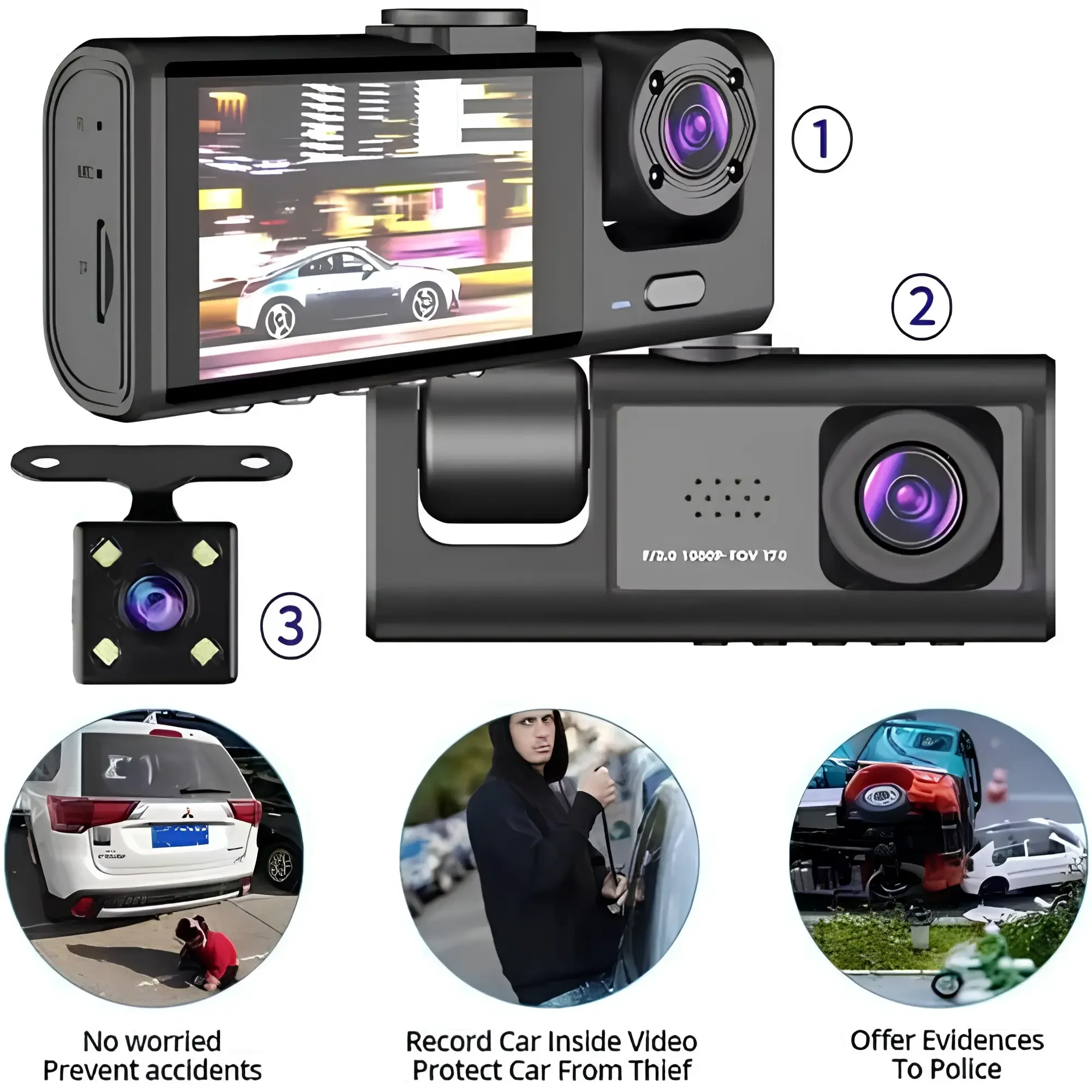 كاميرا السيارة الذكية 3 عدسات – Dashcam Full HD 1080P