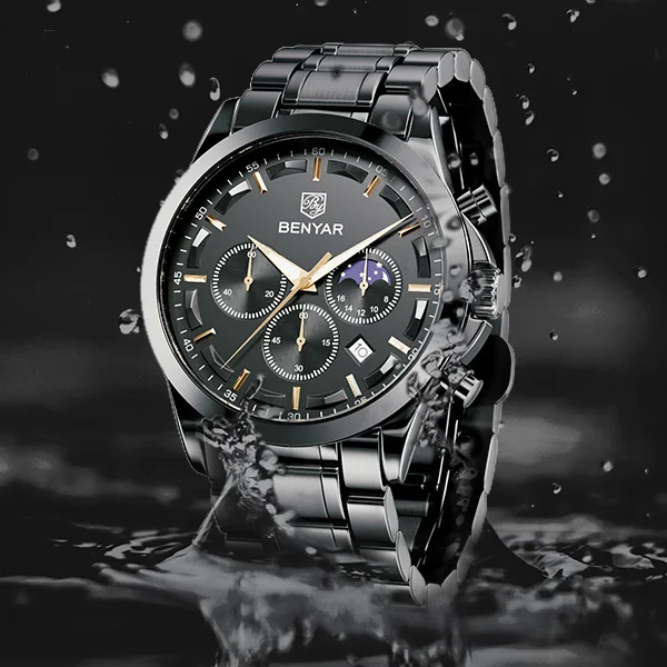 Montre Homme BENYAR Chronographe Étanche en Acier Inoxydable – Noir
