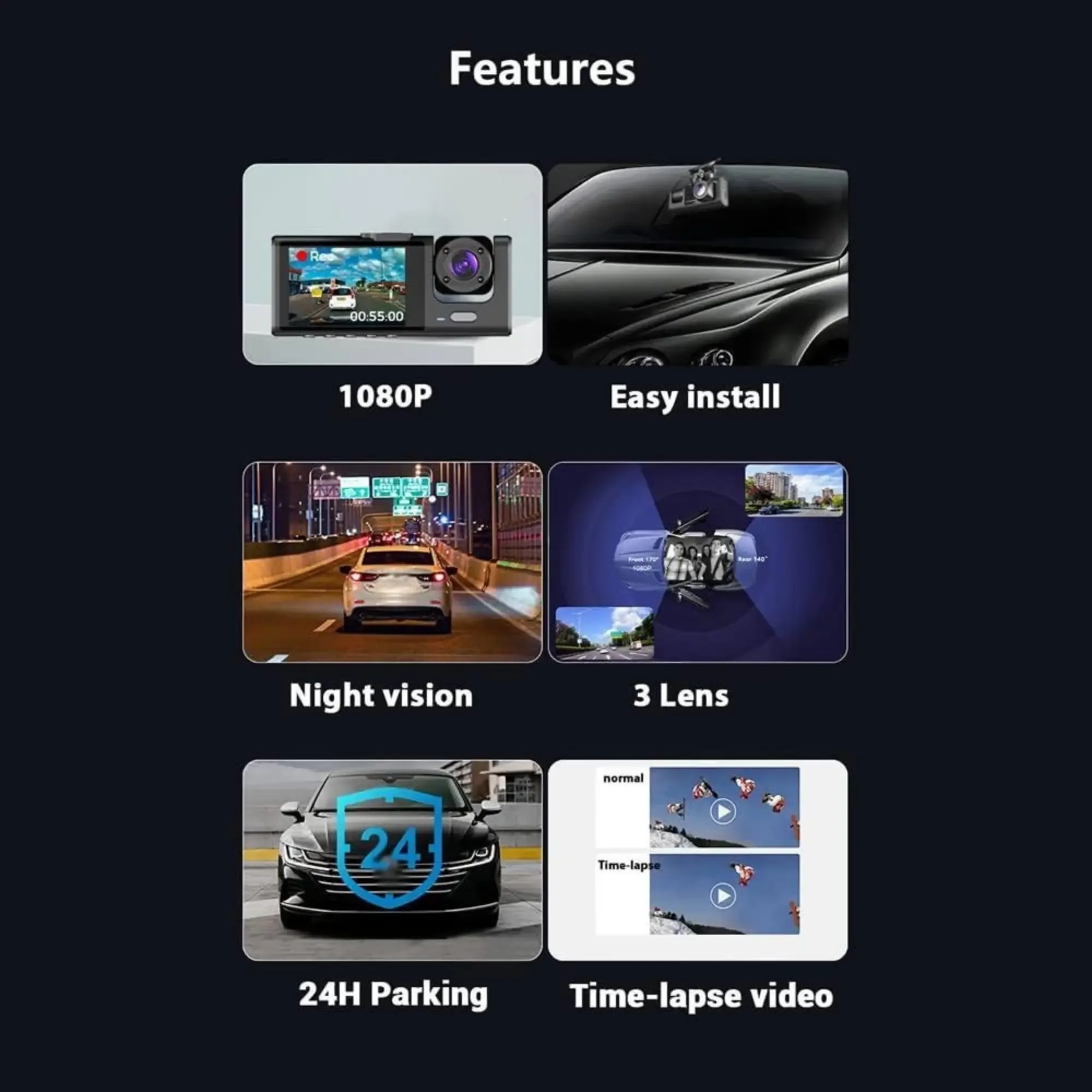 كاميرا السيارة الذكية 3 عدسات – Dashcam Full HD 1080P