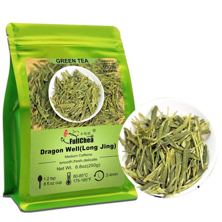 FullChea - Té Longjing - Té Dragonwell - Té verde chino hoja suelta - Aromático de frijoles tostados - Pozo de dragón de pulmón Ching (8.8 oz / 250 g)