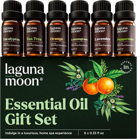 LagunaMoon - Paquete de 6 aceites esenciales con caja de regalo, menta, árbol de té, lavanda, eucalipto, citronela, naranja, 0.3 fl oz