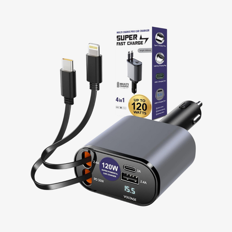 شاحن سيارة مزود بأربعة منافذ وكابل قابل للسحب