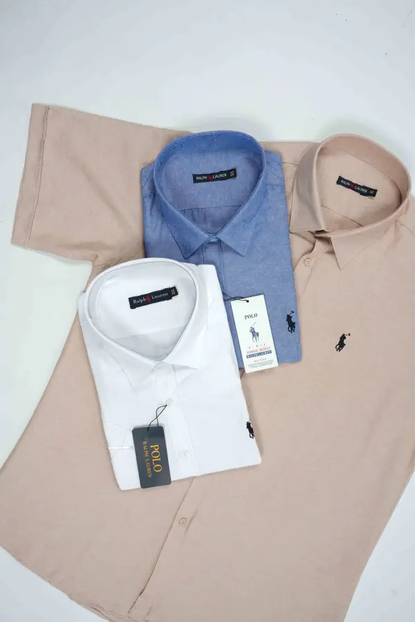 قميص Ralph Lauren نصف كم للرجال — الأناقة الكلاسيكية بلمسة عصرية  Ref-CH71001D ( Blanche + Beige + Bleu roi )