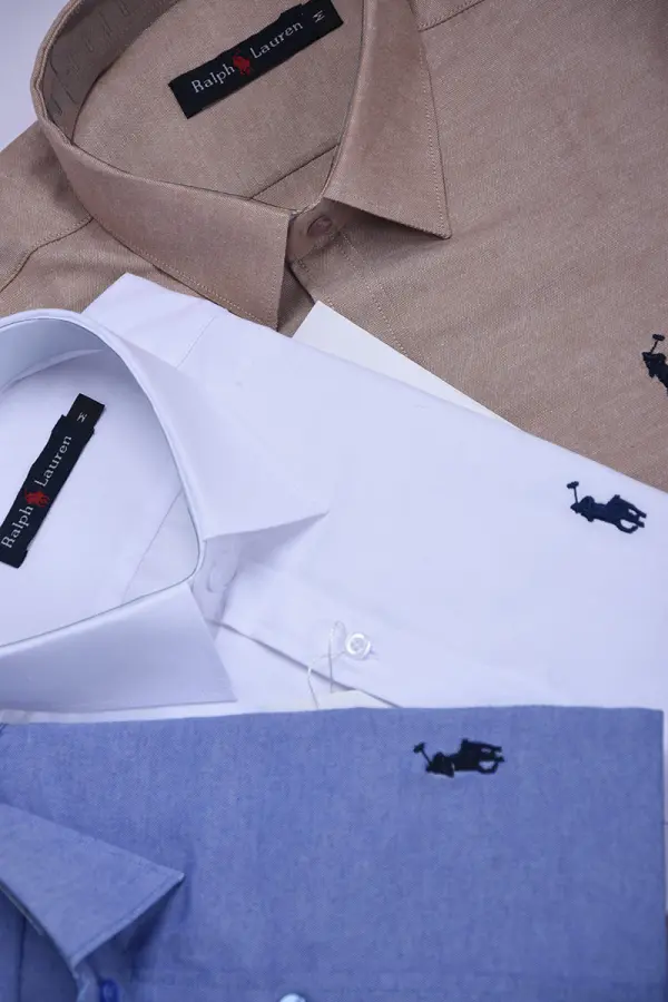 قميص Ralph Lauren نصف كم للرجال — الأناقة الكلاسيكية بلمسة عصرية  Ref-CH71001D ( Blanche + Beige + Bleu roi )