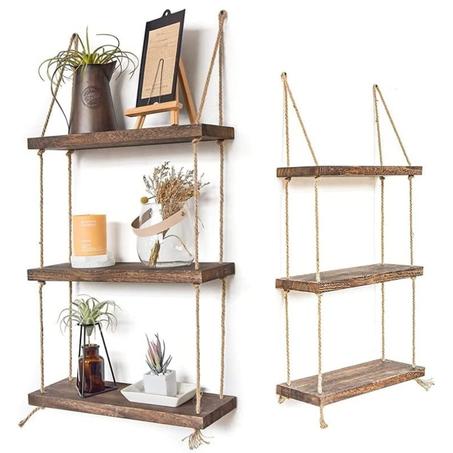 Triple Etagere murale suspendue en bois rustique avec corde - NATUREL