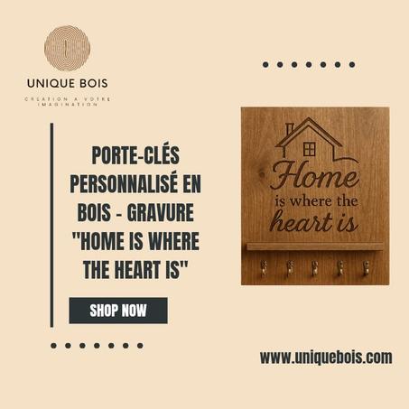 Porte-Clés Personnalisé en Bois – Gravure "Home is where the heart is"