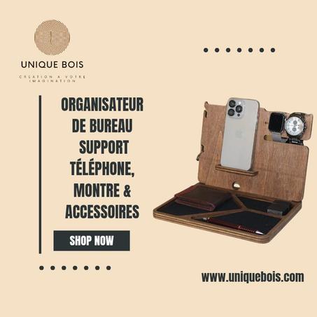Organisateur de Bureau en Bois – Support Téléphone, Montre & Accessoires