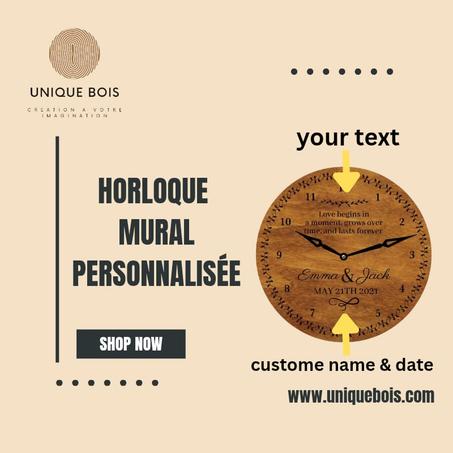 Horloge Mural Personnalisée en bois - Cadeau Unique avec Texte et Date Gravés