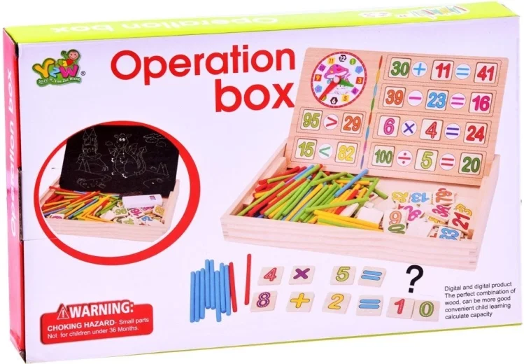coffret éducatif en bois avec tableau de mathématiques