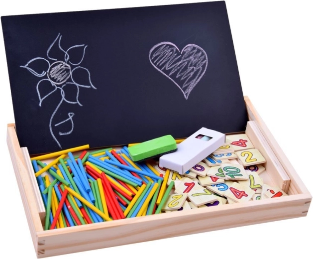 coffret éducatif en bois avec tableau de mathématiques