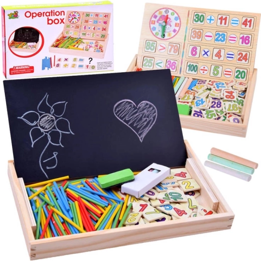 coffret éducatif en bois avec tableau de mathématiques