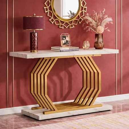 ترايب ساينز طاولة كونسول ذهبية من الرخام الصناعي، طاولة اريكة ضيقة مع قاعدة معدنية هندسية، طاولة مدخل عصرية 40 انش لغرفة المعيشة، الرواق، البهو، ابيض وذهبي، خشب مُصنع