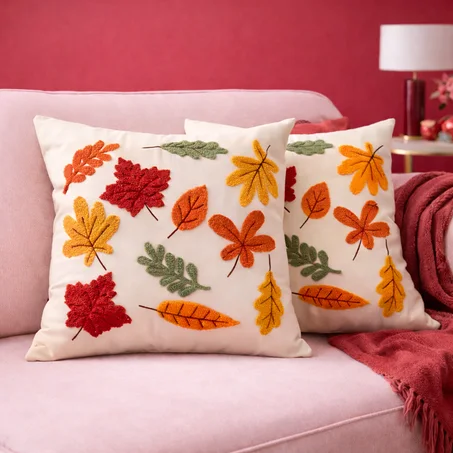 اغطية وسائد بتصميم الخريف مقاس 18 × 18 مجموعة من قطعتين بتصميم اوراق القيقب واوراق الخريف المطرزة المخملية لتزيين المنزل للاريكة والفناء وغرفة النوم وغرفة المعيشة والاريكة والشرفة