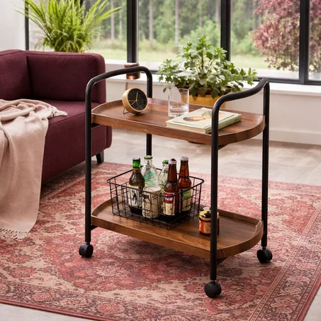 طاولة قهوة خشبية متحركة مع عجلات ذات 2 طبقة مع إطار معدني وتصميم جانبي عصري تصلح كمكتب جانبي أو طاولة بجانب السرير أو ديكور منزلي لغرفة المعيشة أو غرفة النوم أو المساحات الصغيرة من اوتويسور (