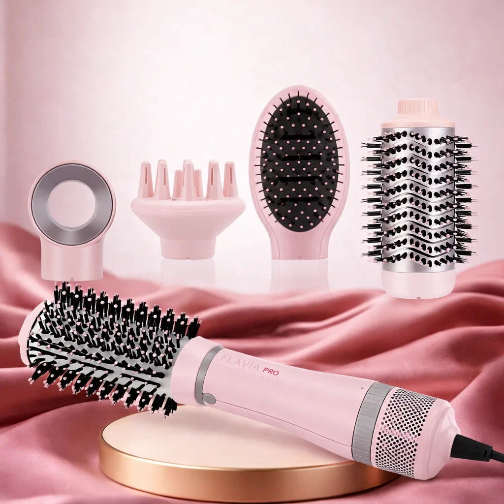مجموعة تصفيف الشعر برو بيوتي 4 في 1 - باروين إكسسوارات وفرشاة تجفيف للعناية الأيونية الجافة والناعمة لتعزيز الكثافة والتصفيف 1000 واط زهري من، من باروين برو بيوتي