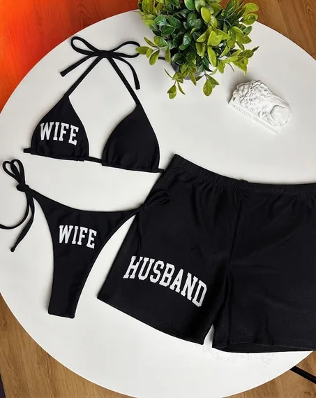✨ باك العرسان المميز: مايوه "Wife" وشورت "Husband" للأزواج الأنيقين 🔥