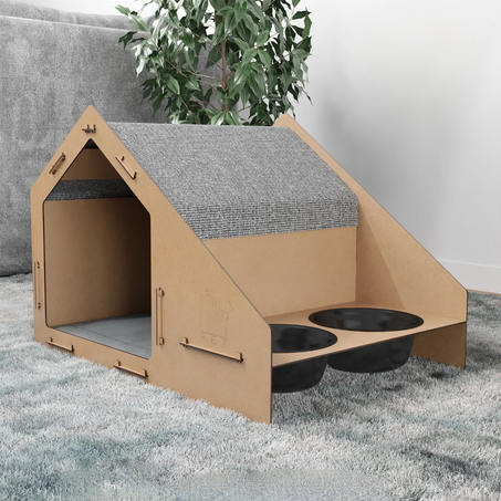 بيت قطط خشبي أنيق مع أوعية طعام