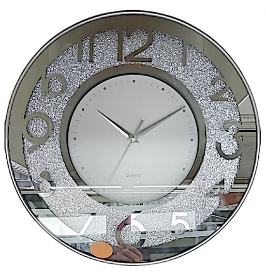Reloj de Pared Decorativo Espejado con Brillos Plateados – Estilo Moderno y Elegante