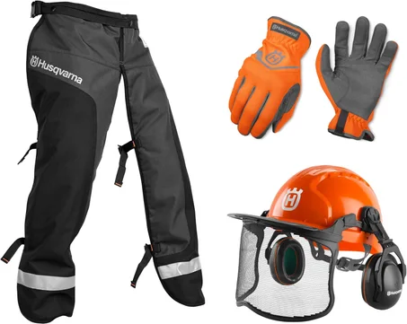 Kit de Protección Personal Husqvarna Classic con Pantalones de Motosierra, Casco Forestal y Guantes de Seguridad, Equipo de Seguridad de Motosierra para Nuevos Usuarios de Motosierra
