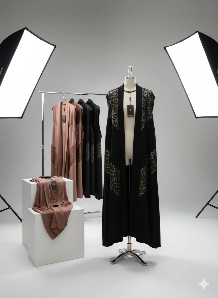 Cardigan Long/Abaya Sans Manches Noir à Empiècements Effet Peau de Serpent