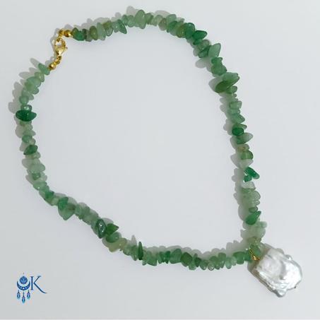 Collier en Aventurine avec Pendentif en Perle de Culture