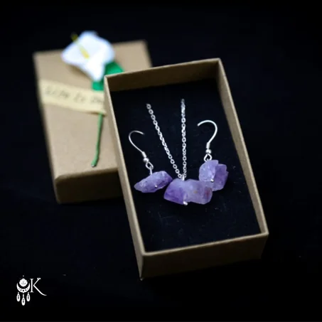 Ensemble Bijoux Améthyste Naturelle Pour Femme - Collier, Boucles D'oreilles, Bracelet - Cadeau Sœur, Amie