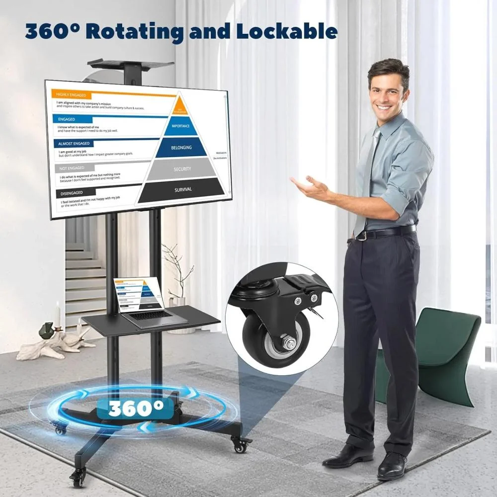 حامل تلفزيون متنقل قابل للتعديل على عجلات قابلة للقفل لشاشات مسطحة ومنحنية