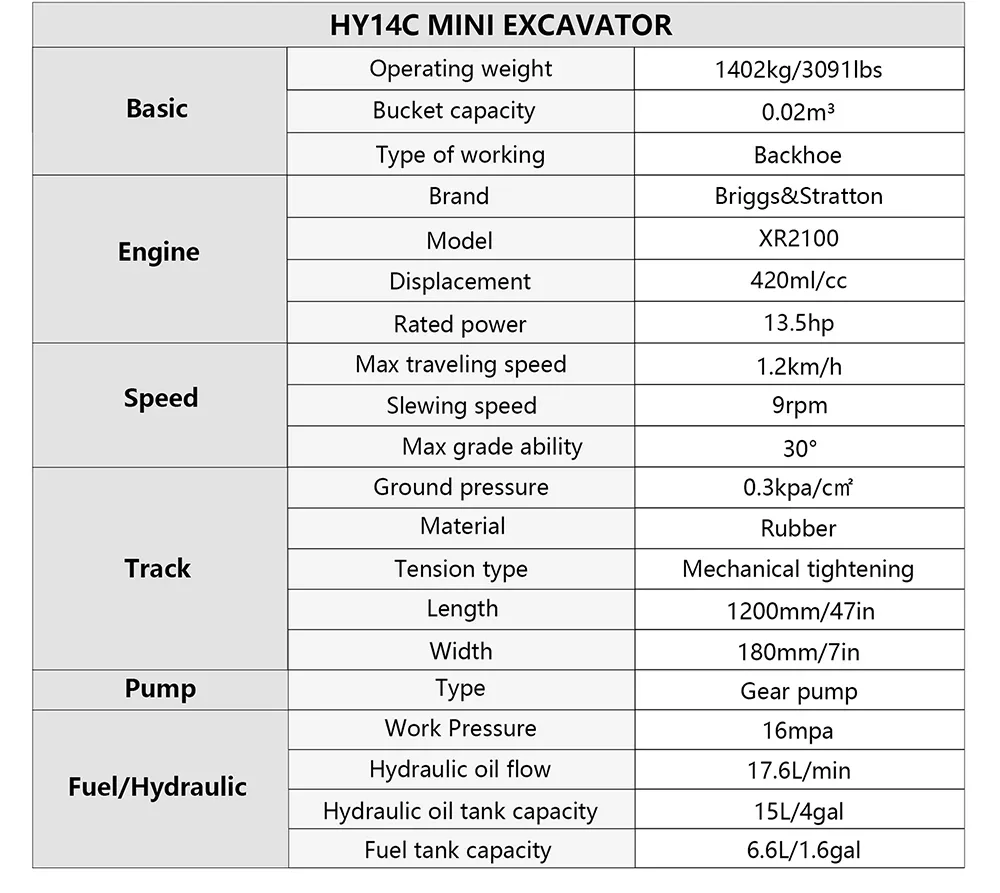 mini excavator huayee hy14c specifications