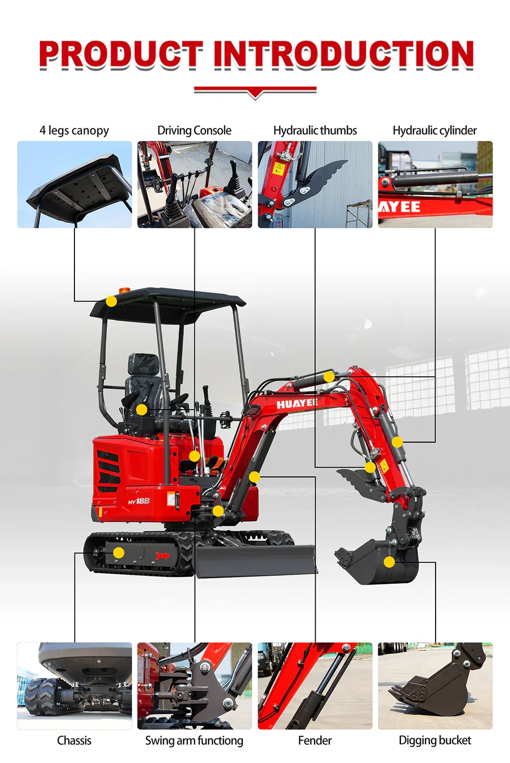 Mini Excavator with 14hp Kubota Engine | Hydraulic Thumb, Side Swing & Canopy | HUAYEE HY18B