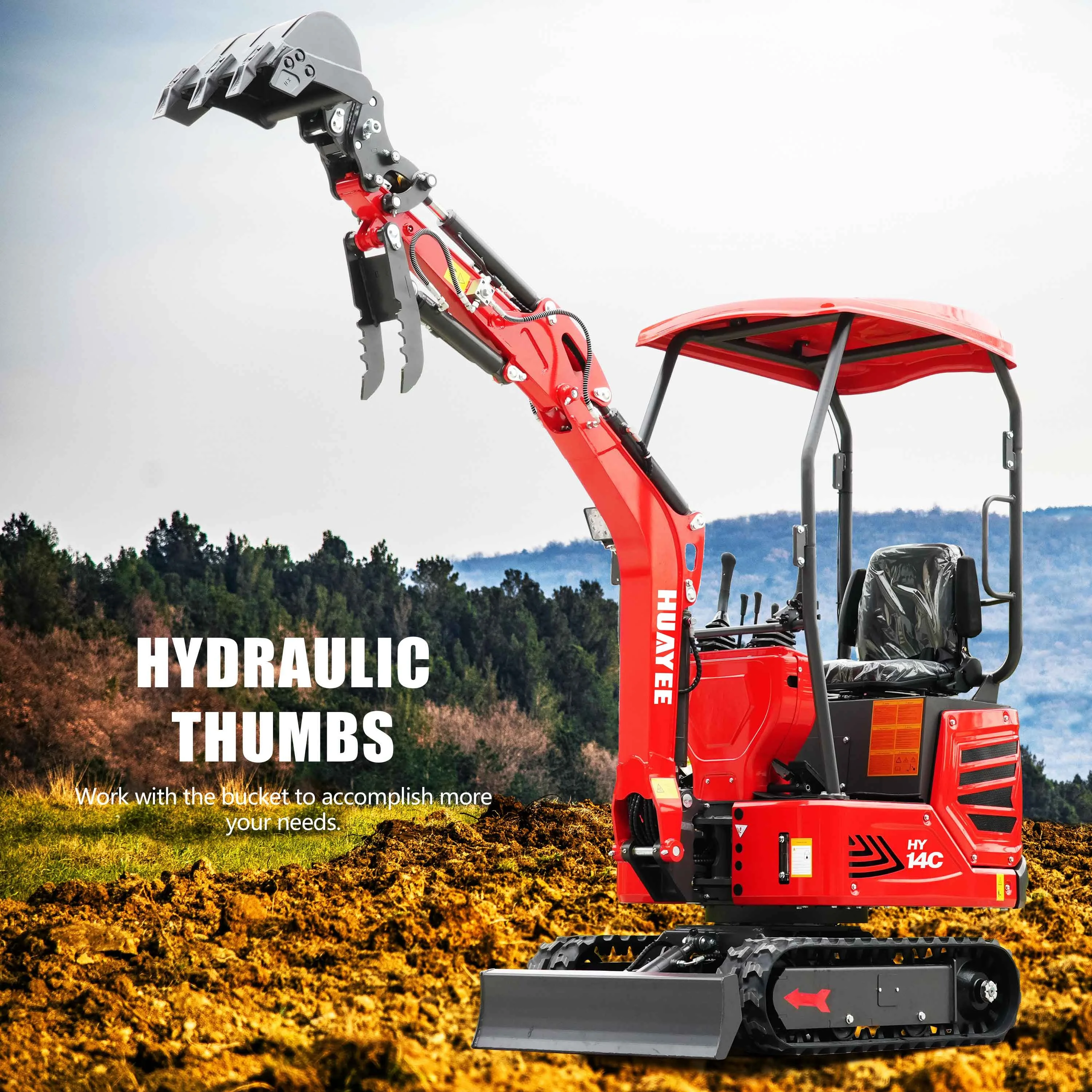 Mini Excavator with Hydraulic Thumb & Side Swing Boom - 13.5hp B&S Engine | HUAYEE HY14C
