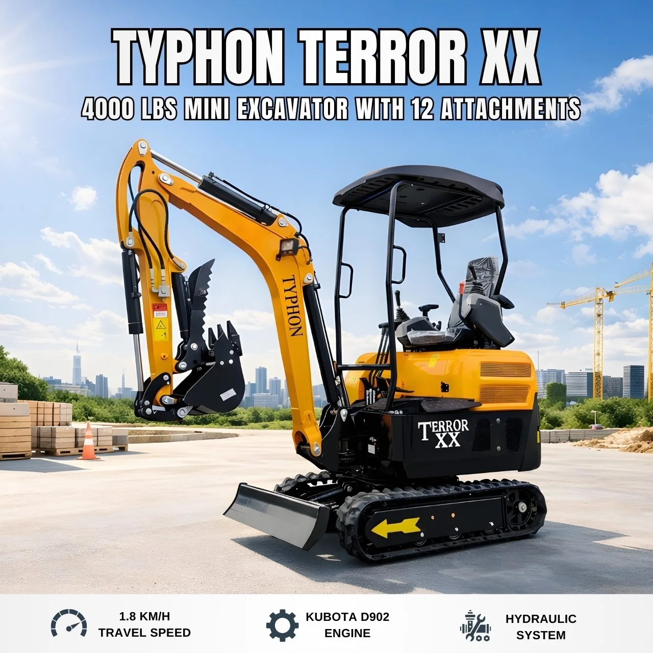 TYPHON TERROR XX 4000lb Mini Excavator 12 Attachments Kubota D902 Diesel Engine