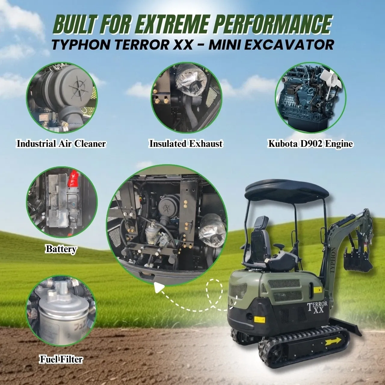 New TYPHON TERROR XX 4000lb Mini Excavator SideSwing Kuobta D902 12 Attachments