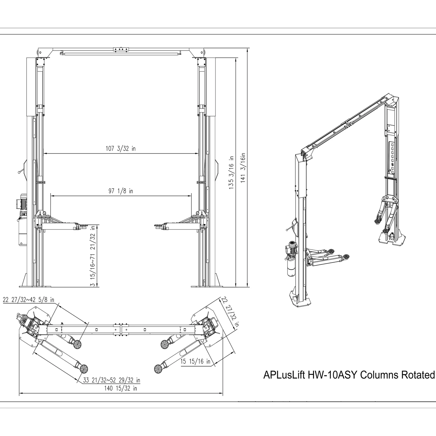 APlusLift HW-10ASY 10,000LB 2-Post Overhead Symmetrical & Asymmetrical Single Release Car Lift