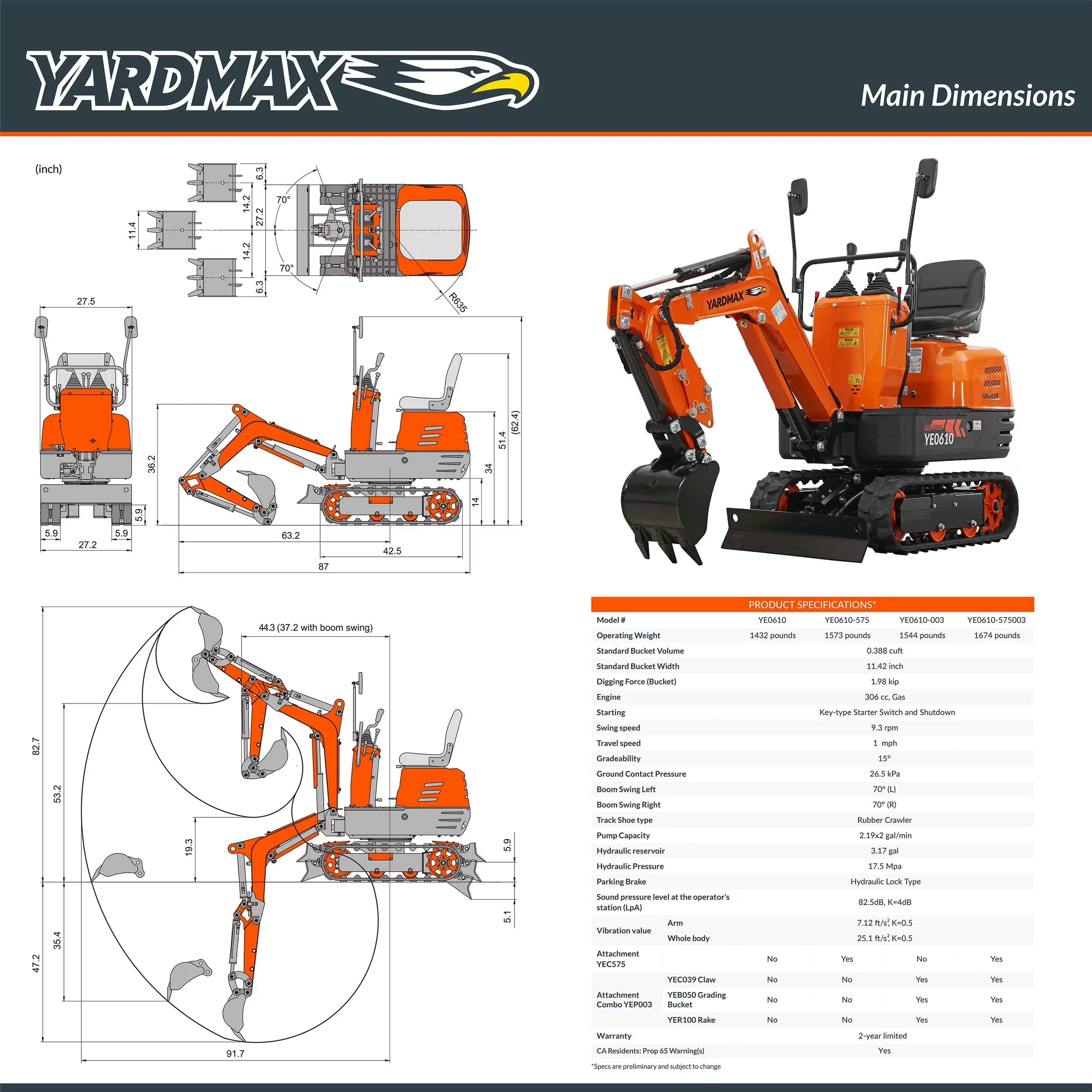 Mini Excavator with canopy, Claw, Grading Bucket & Rake, 306cc EPA compliant engine, suitable for construction work, farm&landscaping, utility installations