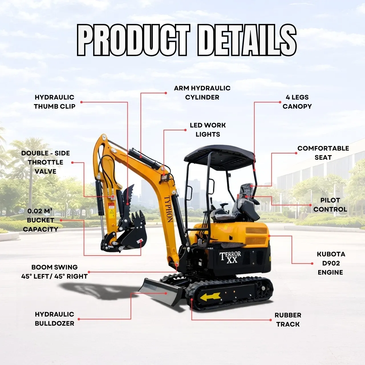 TYPHON TERROR XX 4000lb Mini Excavator 12 Attachments Kubota D902 Diesel Engine