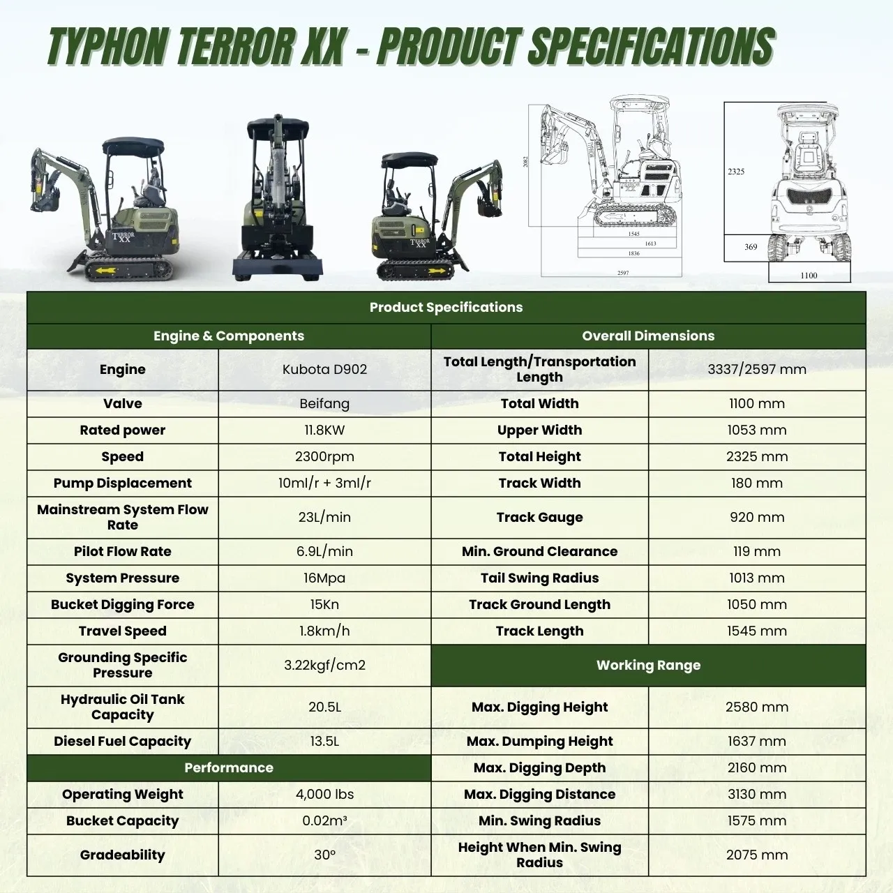 New TYPHON TERROR XX 4000lb Mini Excavator SideSwing Kuobta D902 12 Attachments