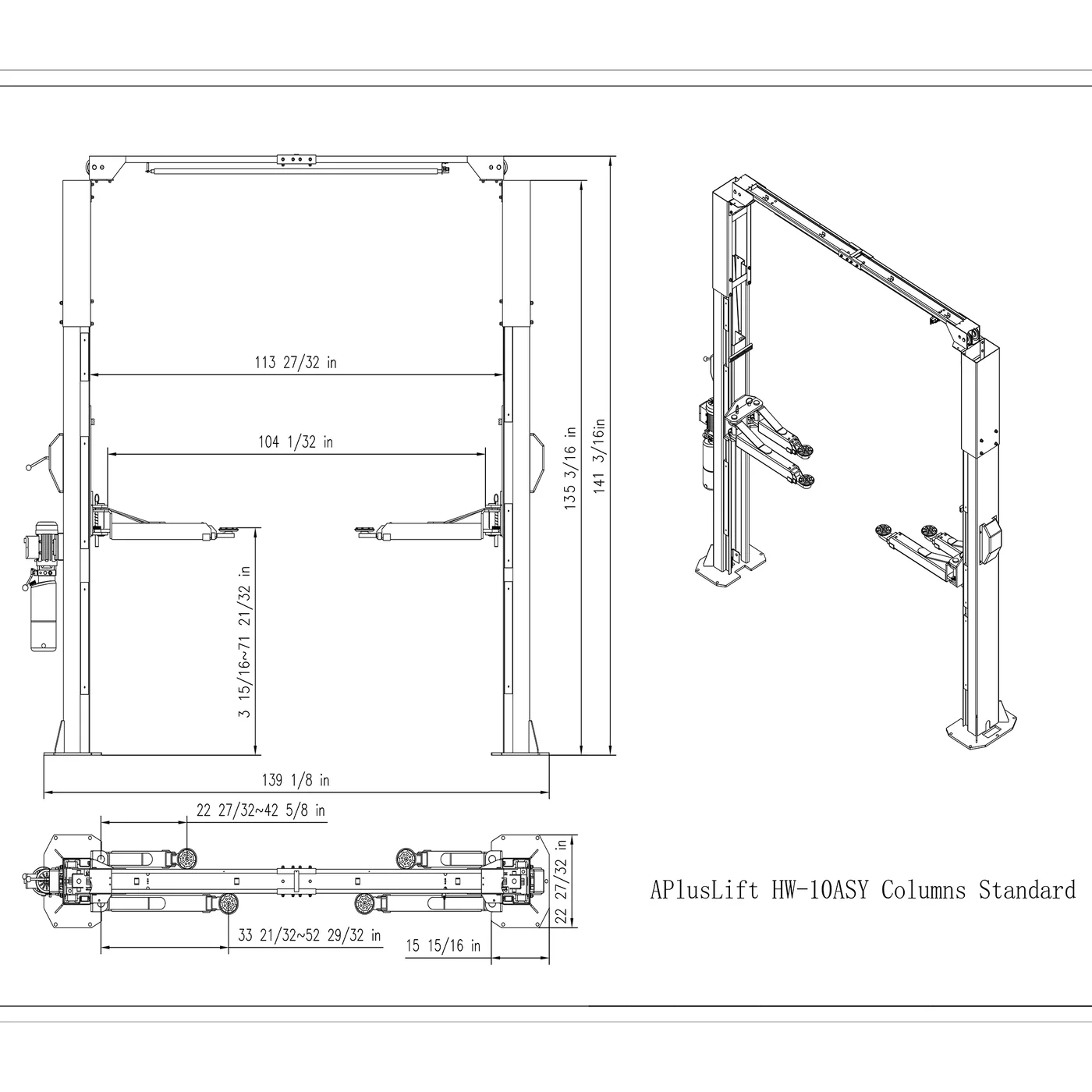 APlusLift HW-10ASY 10,000LB 2-Post Overhead Symmetrical & Asymmetrical Single Release Car Lift