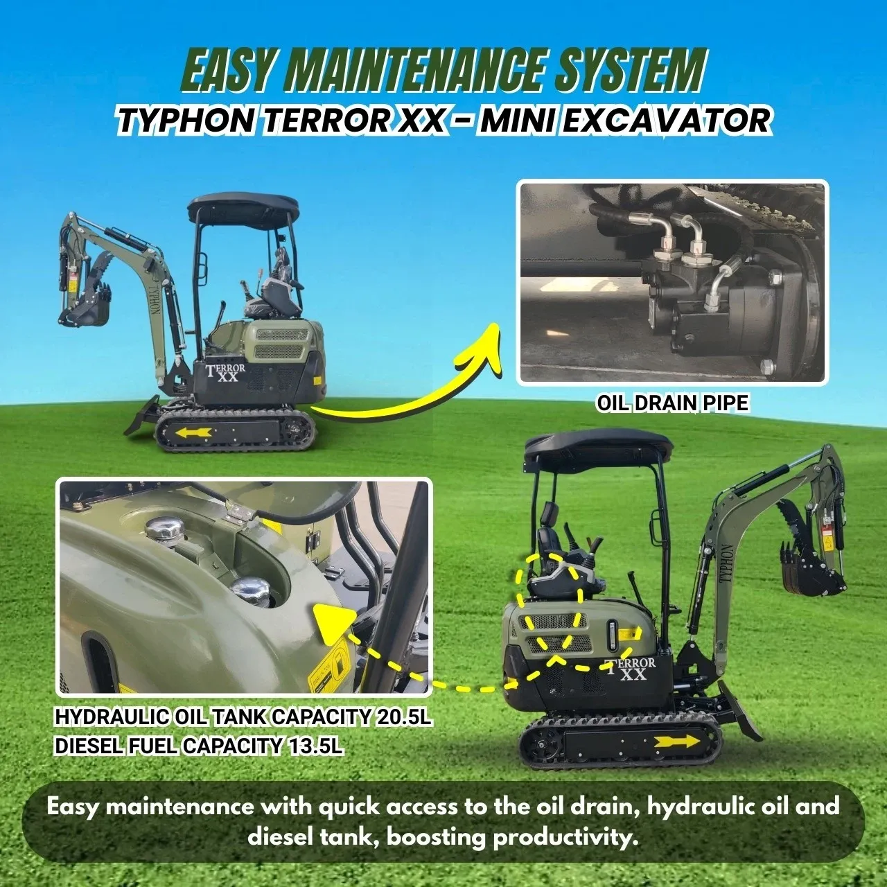 New TYPHON TERROR XX 4000lb Mini Excavator SideSwing Kuobta D902 12 Attachments