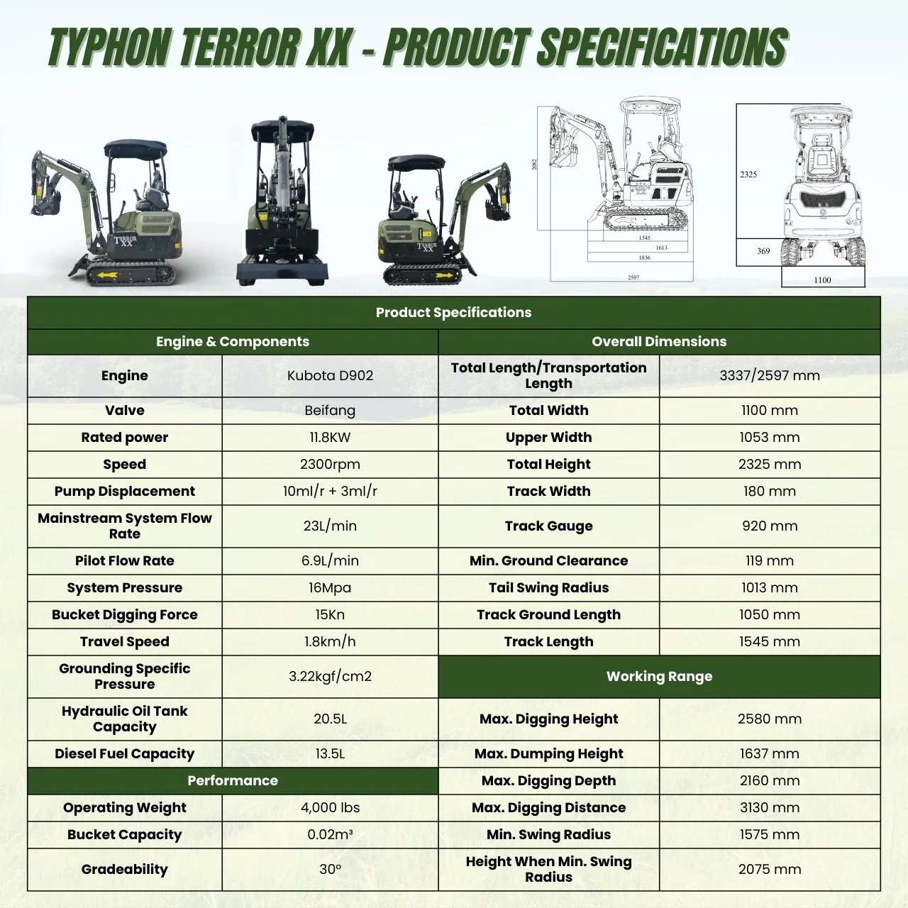 New TYPHON TERROR XX 4000lb Mini Excavator SideSwing Kuobta D902 12 Attachments