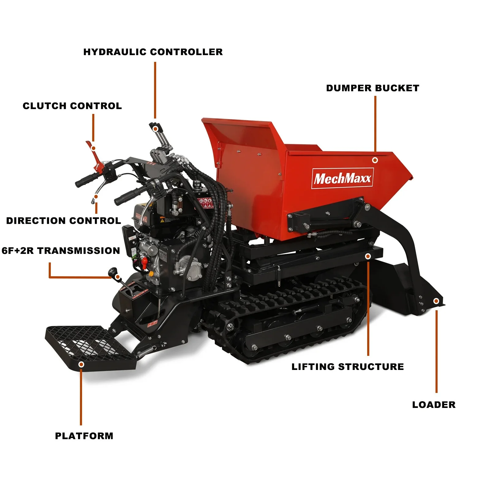 MechMaxx 1100Lbs Capacity Barrow 302cc 10HP E-Start Gas Tracked Dumper, D50HTFL