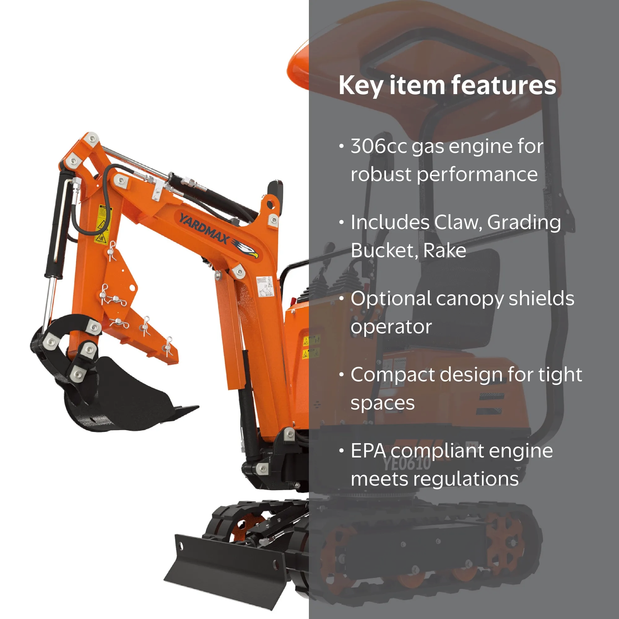 Mini Excavator with canopy, Claw, Grading Bucket & Rake, 306cc EPA compliant engine, suitable for construction work, farm&landscaping, utility installations