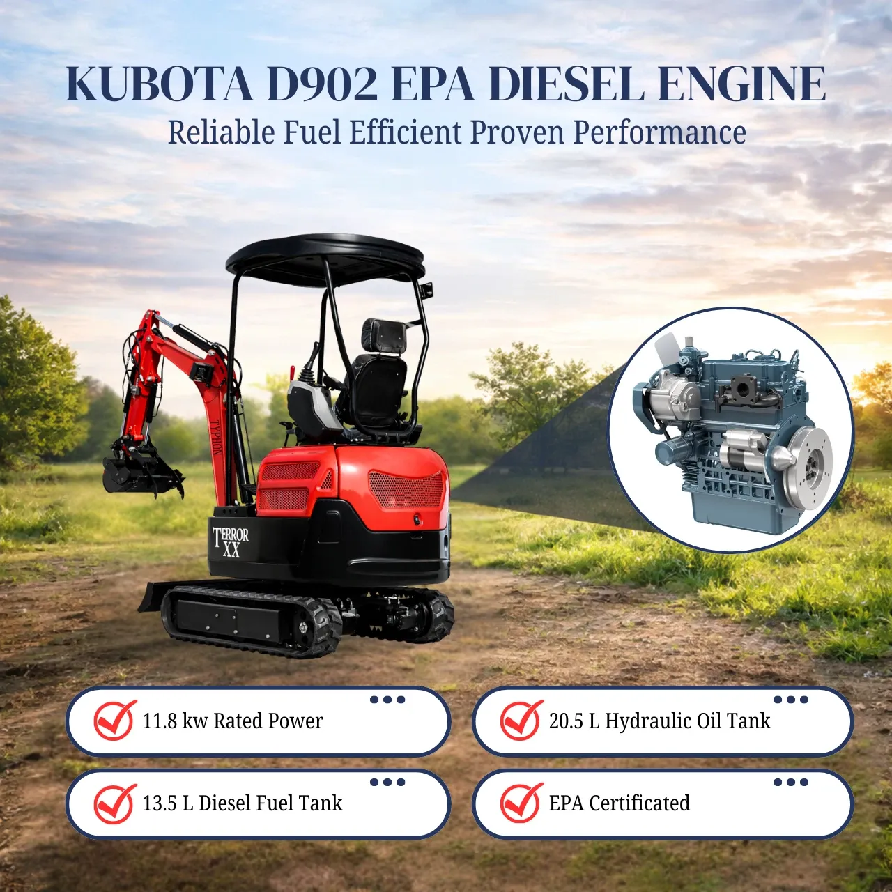 Terror XX Mini Excavator 4000lb Kubota D902 EPA Engine Crawler New