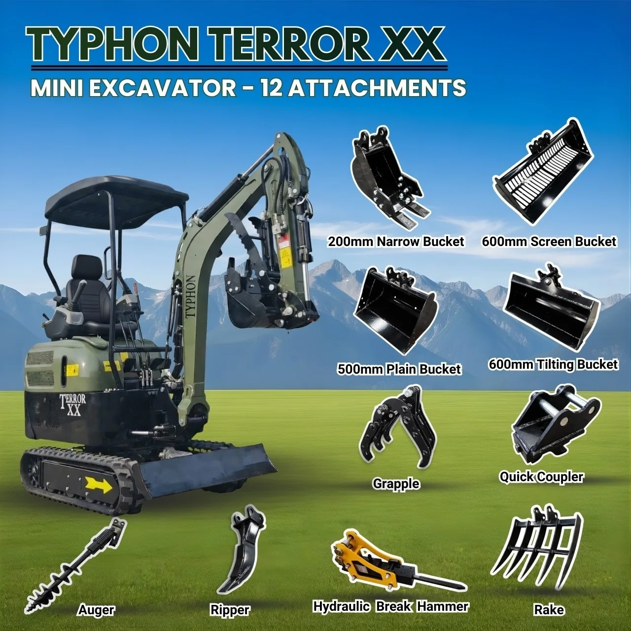New TYPHON TERROR XX 4000lb Mini Excavator SideSwing Kuobta D902 12 Attachments