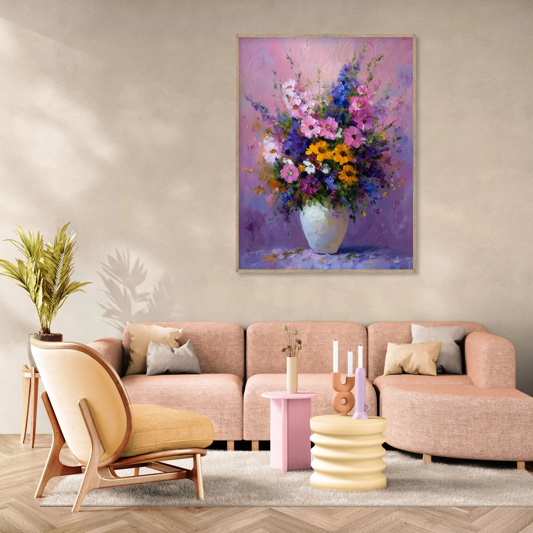 Tableau déco impressionniste avec vase aux fleurs colorées