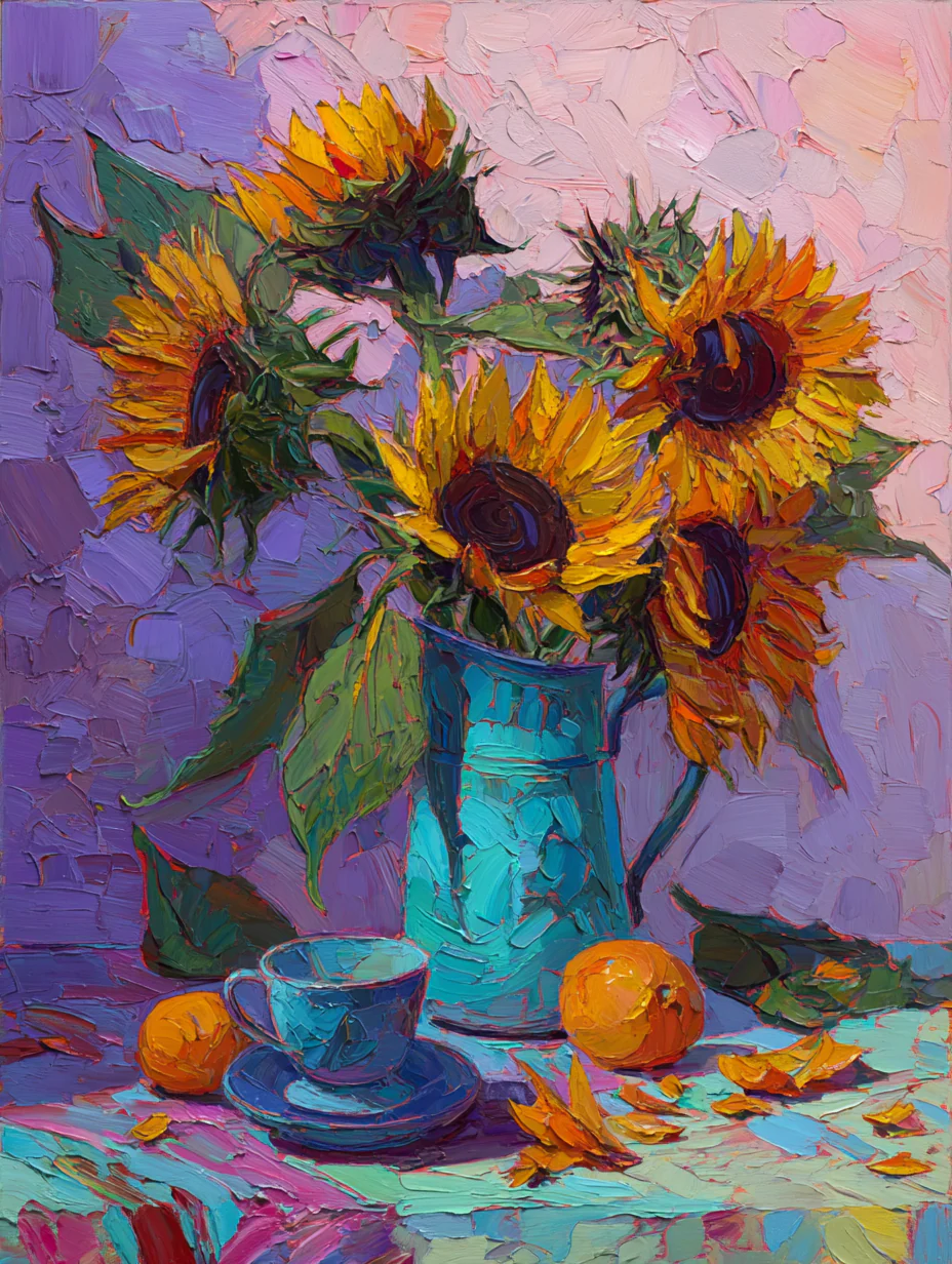 Tableau déco impressionniste tournesols et pichet bleu