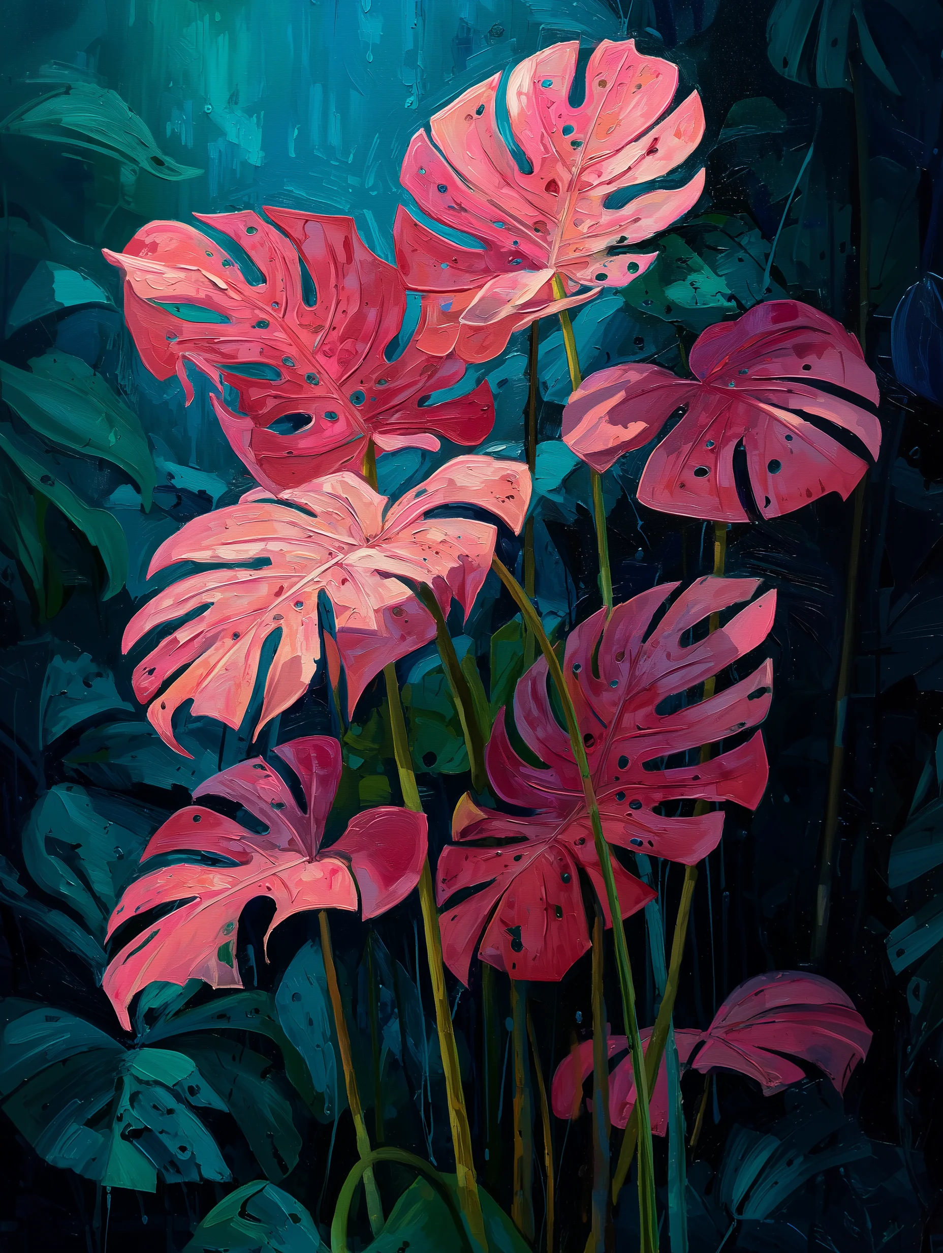 Tableau déco tropical avec feuillages de monstera vibrants