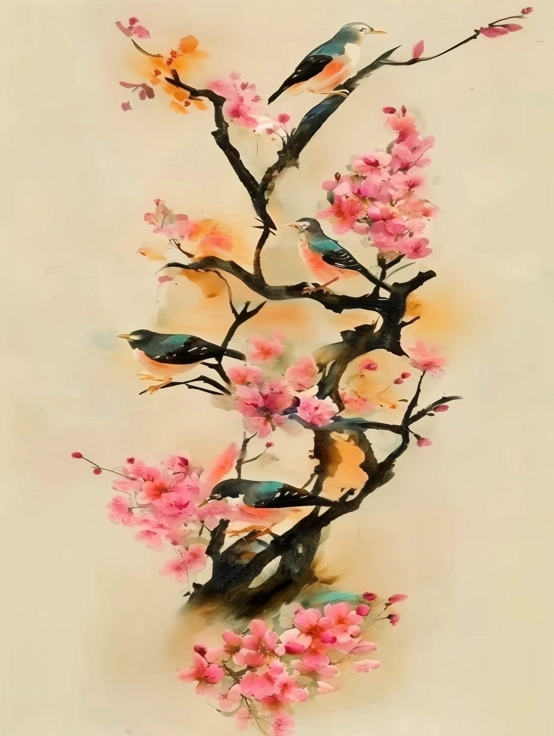 Tableau Cerisier et Hirondelles