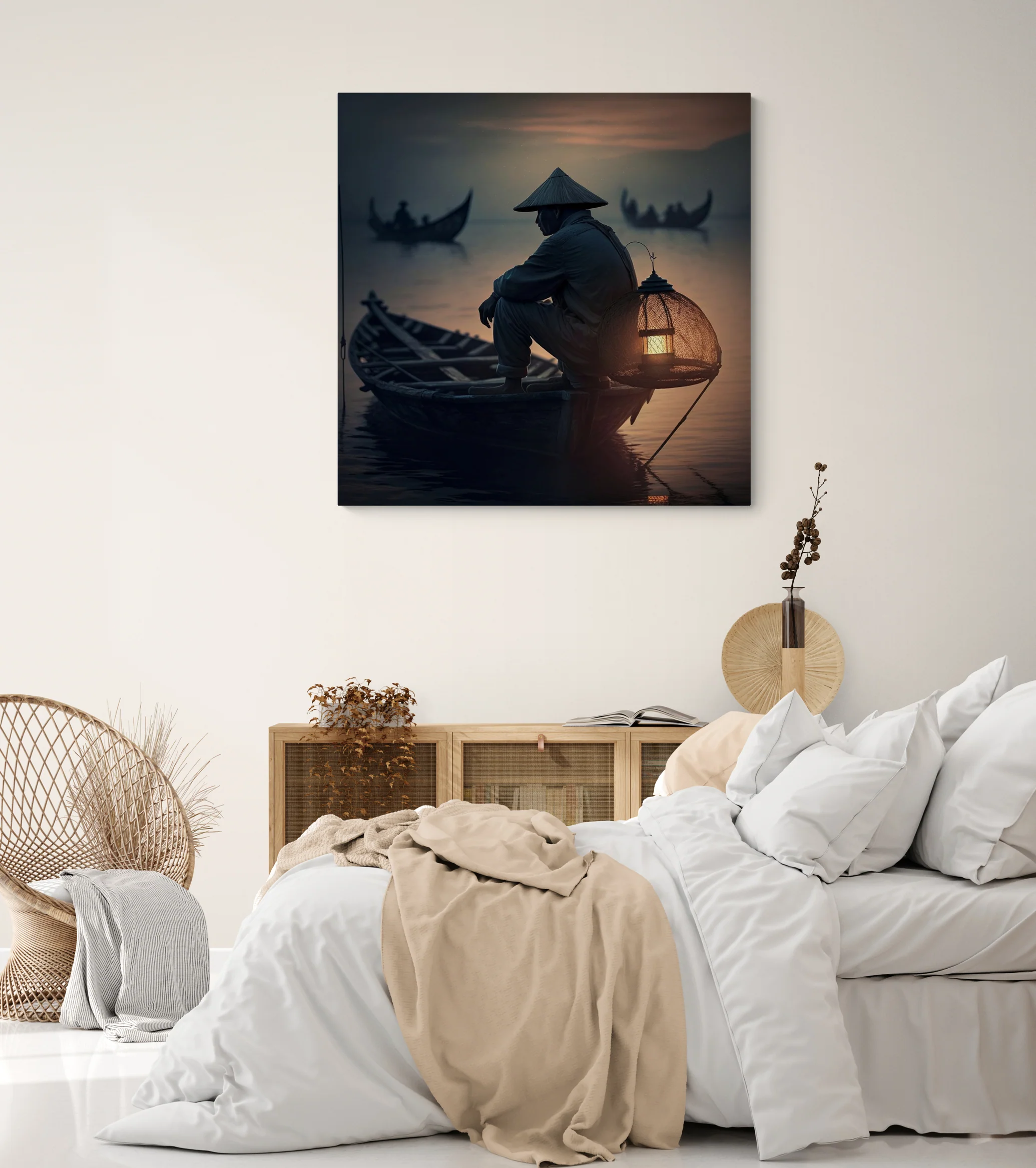 Cadre design pêcheur vietnamien au crépuscule