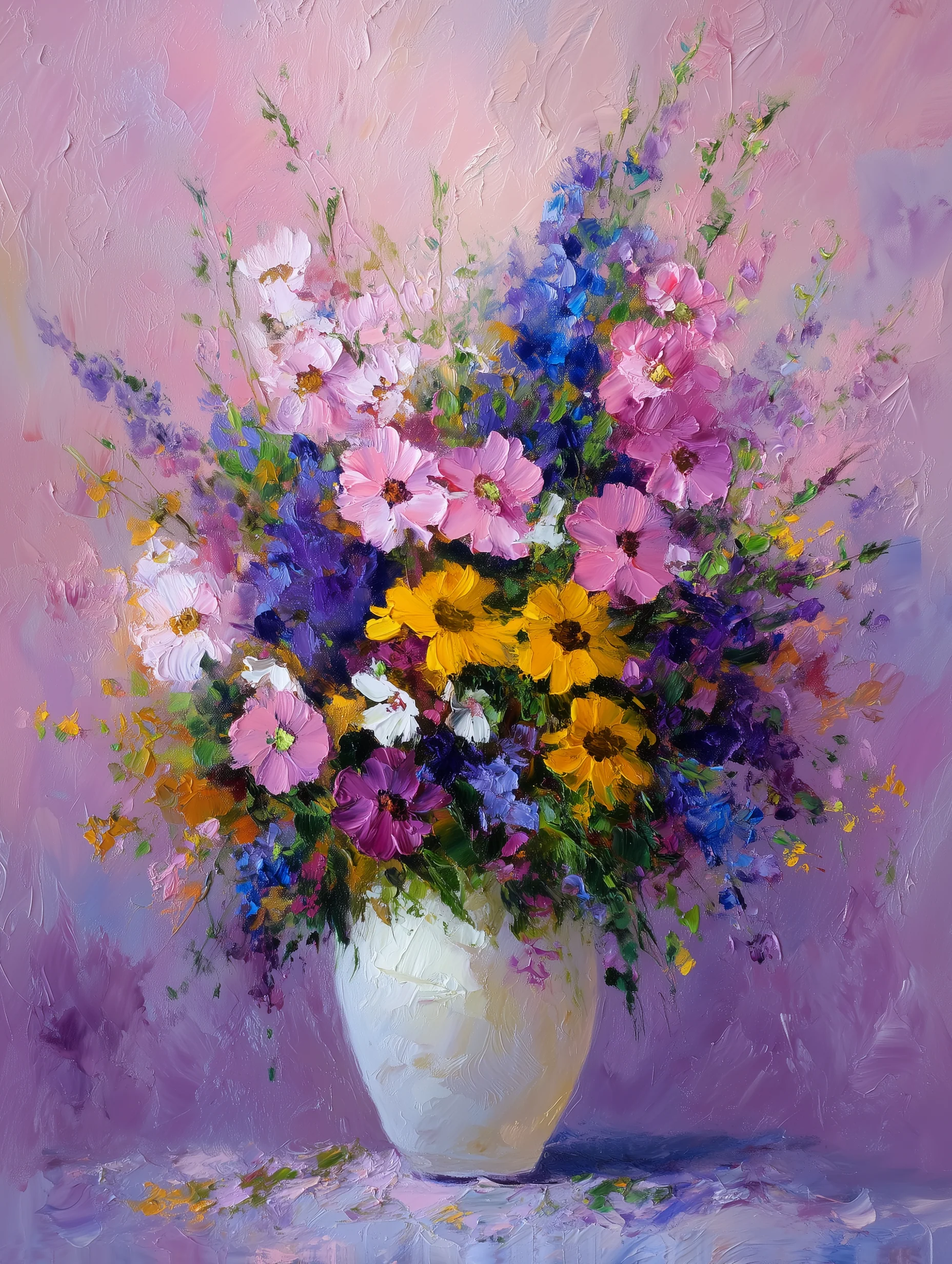Tableau déco impressionniste avec vase aux fleurs colorées